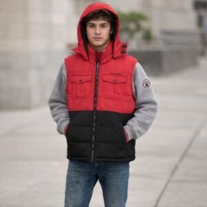 WEATHERPROOF Vtg Men's Red Black Shacket Color Block Puffer‎ Vest Bomber Coat L
